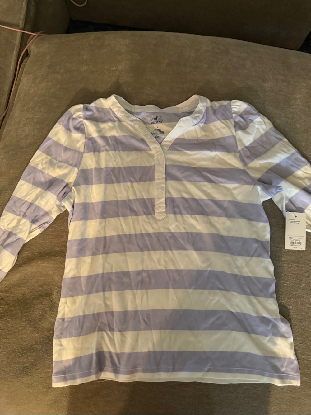 Kohl's Lavender and White Striped Long-Sleeve Henley Tee